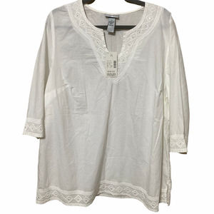 Catherines Womens Embroidered Beaded 3/4 Sleeve V-Neck Blouse Size 1X White NWT
